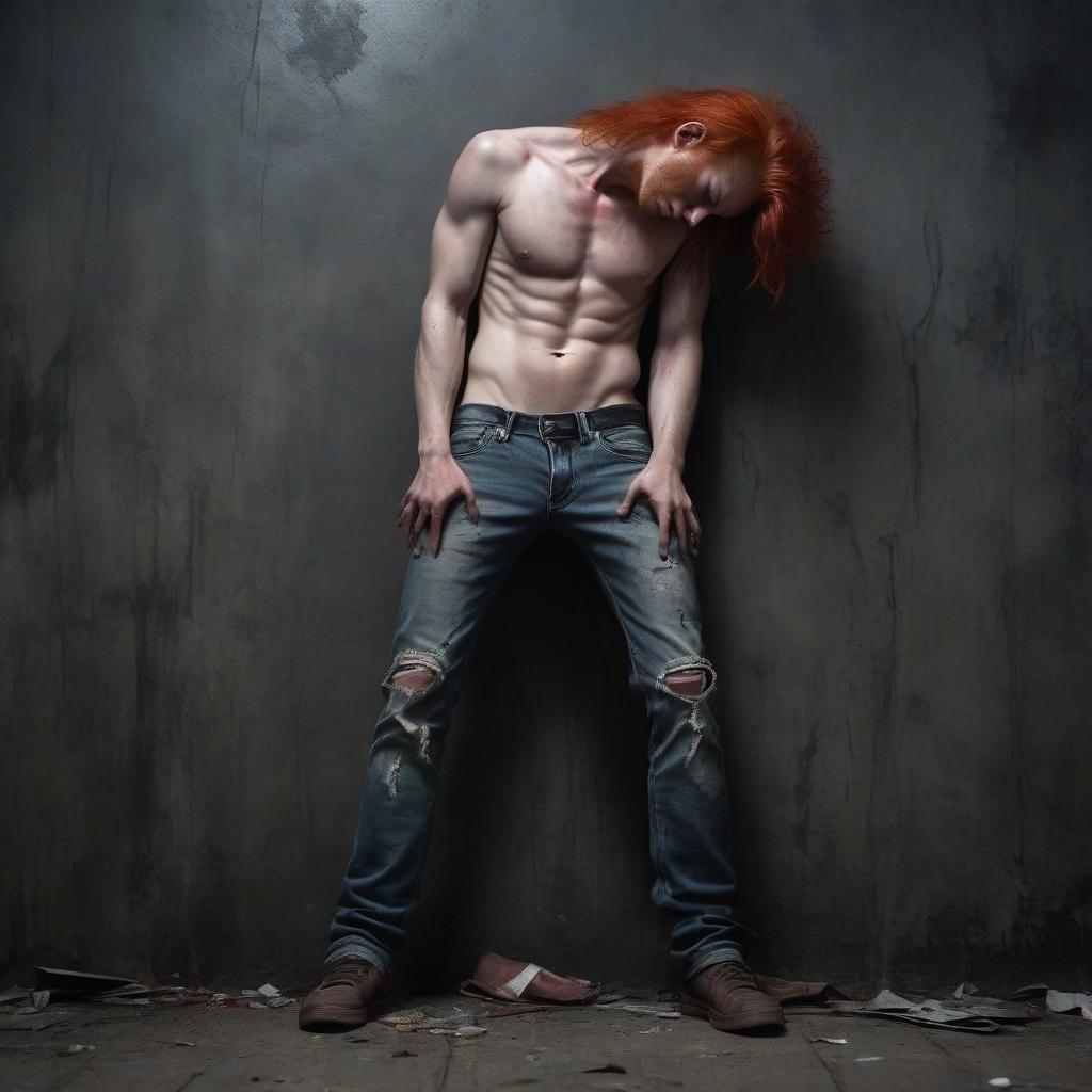  horror themed a red haired of 1 wearing ripped jeans and no shirt. he stands full length with his eyes closed and his head down, clasping his hands to his , leaning against a dark riddled wall. it's overcast. . eerie, unsettling, dark, spooky, suspenseful, grim, highly detailed