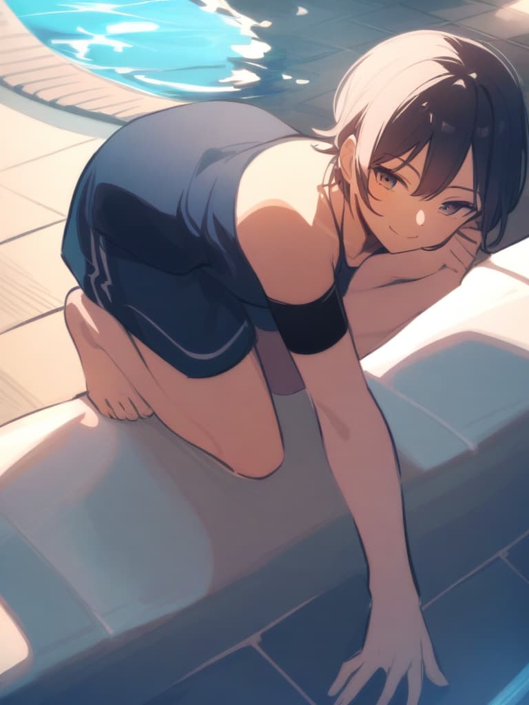  s (male ), short hair, cute smile, (dark blue ), whole body, pool side,