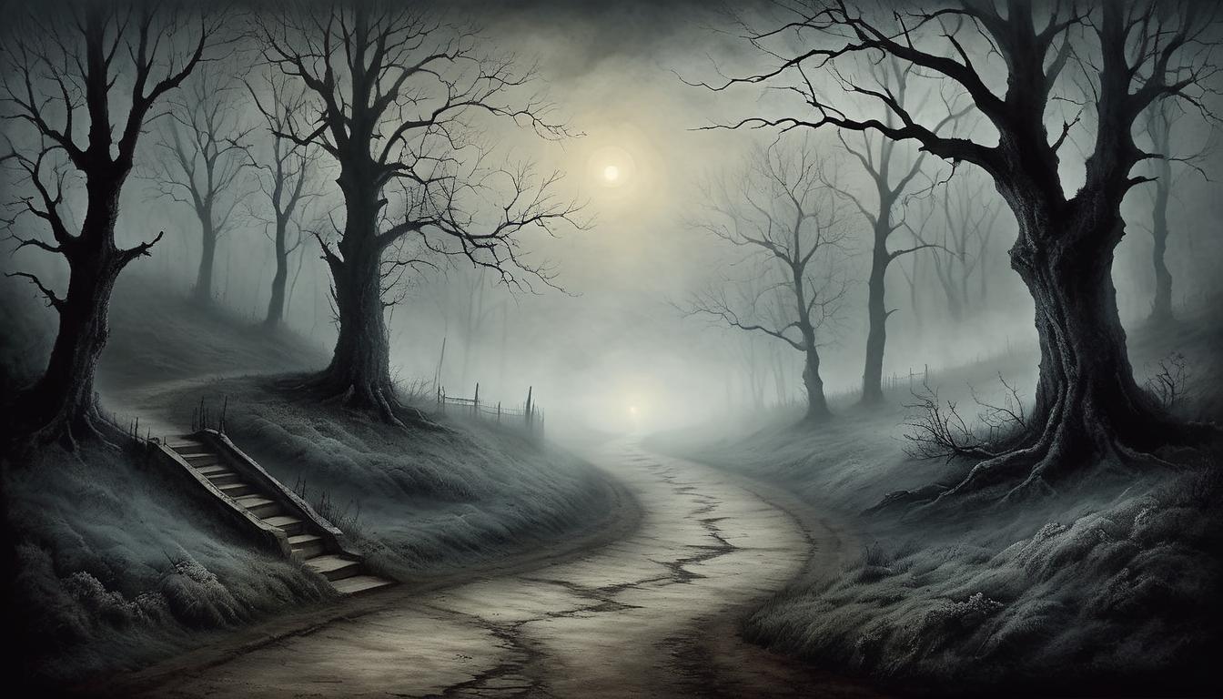  on parchment, surrealism+++, open, dark pathway with eerie fog, challenge, ominous, foreboding, test of courage, shadowed(mysterious, provocative, symbolic,muted color)+++