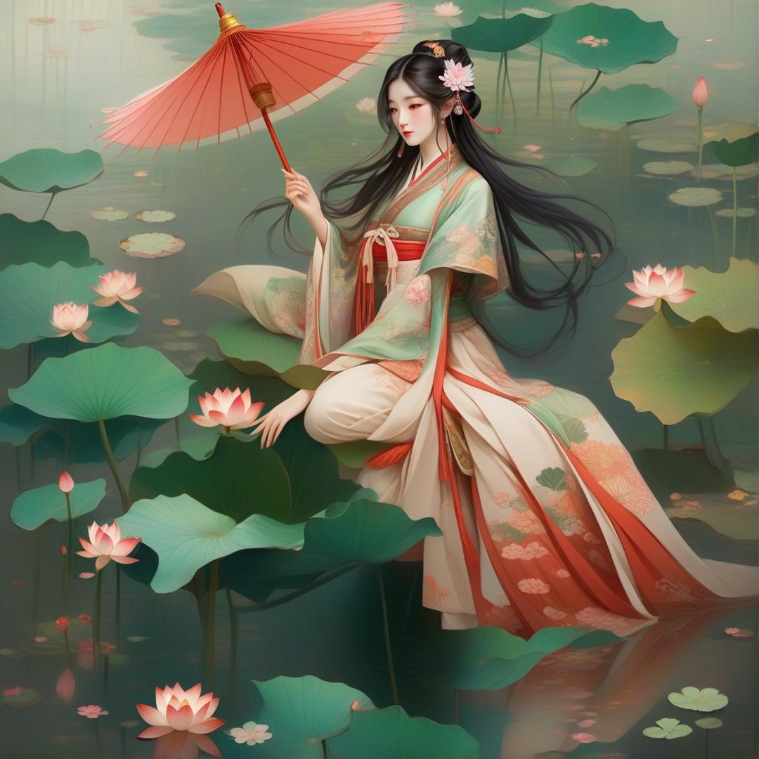  这段描述的英文翻译如下： "on a pond filled with lotus flowers, a man and a woman quietly enjoy the surrounding natural beauty from a small boat. the male character wears a dark traditional hanfu, adorned with ancient style hair accessories, and holds a red paper umbrella, his gaze calm and profound. the female character is dressed in a finely detailed light colored hanfu, wearing an elaborate headdress, and is observing the lotus flowers in the water with a handheld round mirror. the environment is filled with green lotus leaves and blooming lotus flowers, the reflections on the water's surface mingling with the shadows of the flowers, creating a dreamy and tranquil atmosphere. the overall color scheme is dominated by green and