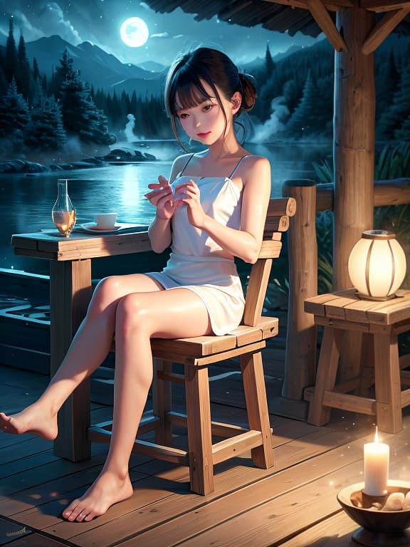  master piece, best quality, ultra detailed, highres, 4k.8k, Young , Taking a relaxing , Content, BREAK Innocence and Serenity, Open air hot spring, Steaming hot spring water, wooden ing stool, a towel, night sky, BREAK Peaceful and tranquil, Soft glowing moonlight, gentle steam rising from the hot spring water, IceMagicAI,crystallineAI