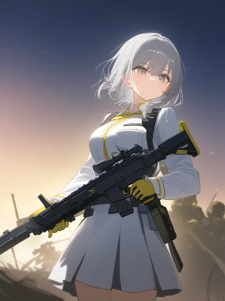  one girl, gray hair, bob cut, (masket gun: 1.2), (rapeia (sword): 1.1), white military uniform