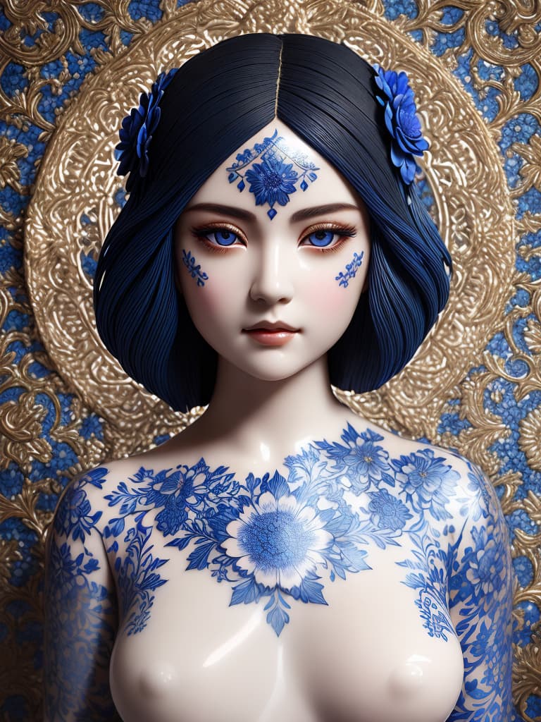  Close-up porcelain female figurine, looking to the camera, glossy surface, glaze, shiny, blue floral tattoos on her, dark gradient background, baroque dark style, hyperrealistic, CG society, intricate details