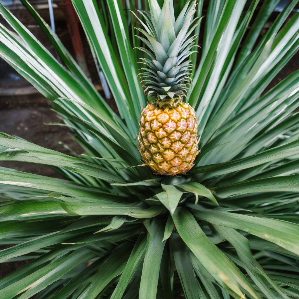  pineapple "siberian star", large fruit, widely spaced leaves, view from above, greenhouse