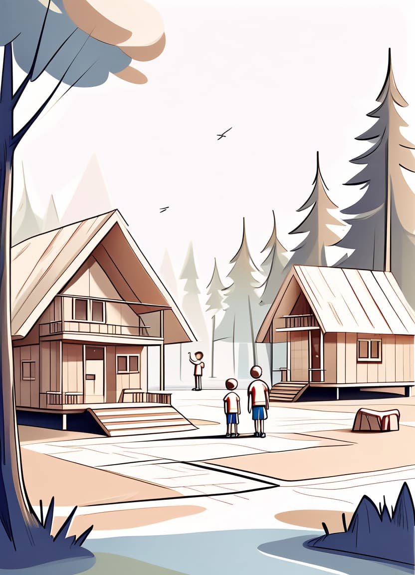  minimalist style children's camp wooden houses children stand with a guide in the square retro style sketch . simple, clean, uncluttered, modern, elegant