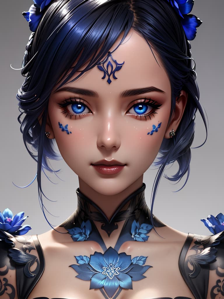  Close-up porcelain female figurine, looking to the camera, glossy surface, glaze, shiny, blue floral tattoos on her, dark gradient background, baroque dark style, hyperrealistic, CG society, intricate details