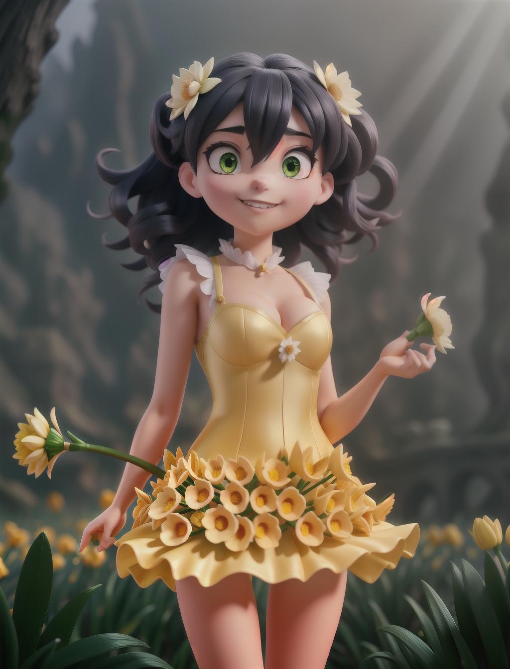  Anime demon girl holding a daffodil hyperrealistic, full body, detailed clothing, highly detailed, cinematic lighting, stunningly beautiful, intricate, sharp focus, f/1. 8, 85mm, (centered image composition), (professionally color graded), ((bright soft diffused light)), volumetric fog, trending on instagram, trending on tumblr, HDR 4K, 8K