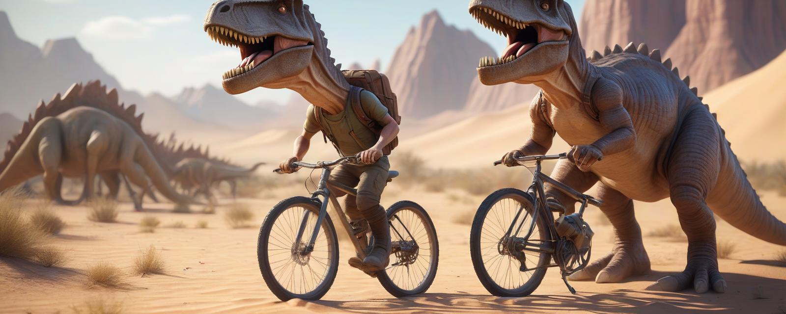  professional 3d model the main character of the computer game, a courier in the desert on a bicycle, in full growth, brave, exhausted, against the dinosaurs . octane render, highly detailed, volumetric, dramatic lighting