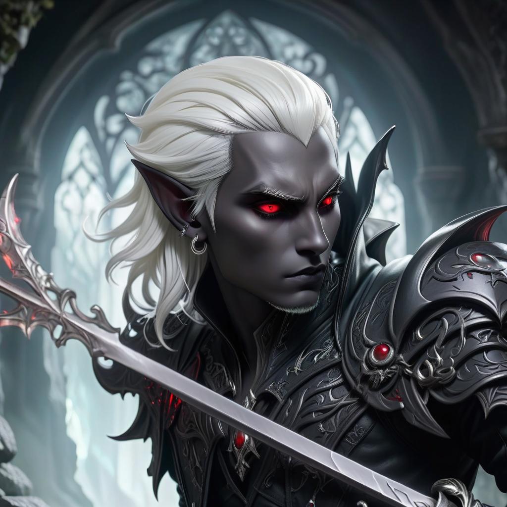  gothic style drow male elf cleric, graphite color skin, red eyes, silver medium haircut, white eyelashes, white brows, black leather jacket, dark cave temple . dark, mysterious, haunting, dramatic, ornate, detailed, civitai