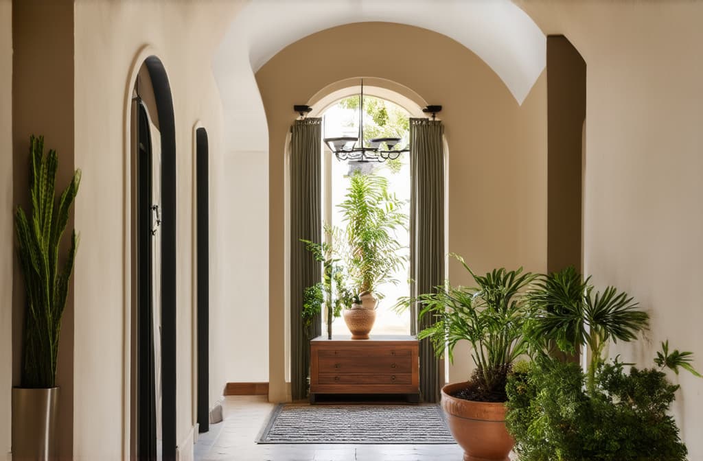  professional detailed photography, boho, mediterranean interior design of modern home entryway, hall with arched walls. ar 3:2, (muted colors, dim colors, soothing tones), (vsco:0.3)