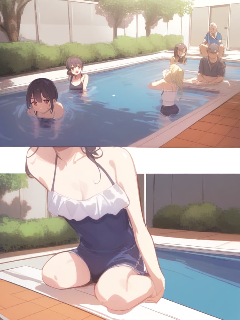  women's elementary students, twin tails, cute smiles, rich s, low stages, dark blue swimwear, old swimwear, swimwear, male, male, shaped clear area, shaped clear phimosis,,, swelling, swelling, front, whole body , poolside,