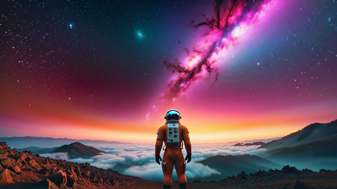  a breathtaking cosmic scene featuring a sleek starship soaring through vibrant nebulae, surrounded by distant galaxies and shimmering stars, with an astronaut gazing out from a space station, embodying the essence of epic space adventure. hyperrealistic, full body, detailed clothing, highly detailed, cinematic lighting, stunningly beautiful, intricate, sharp focus, f/1. 8, 85mm, (centered image composition), (professionally color graded), ((bright soft diffused light)), volumetric fog, trending on instagram, trending on tumblr, HDR 4K, 8K