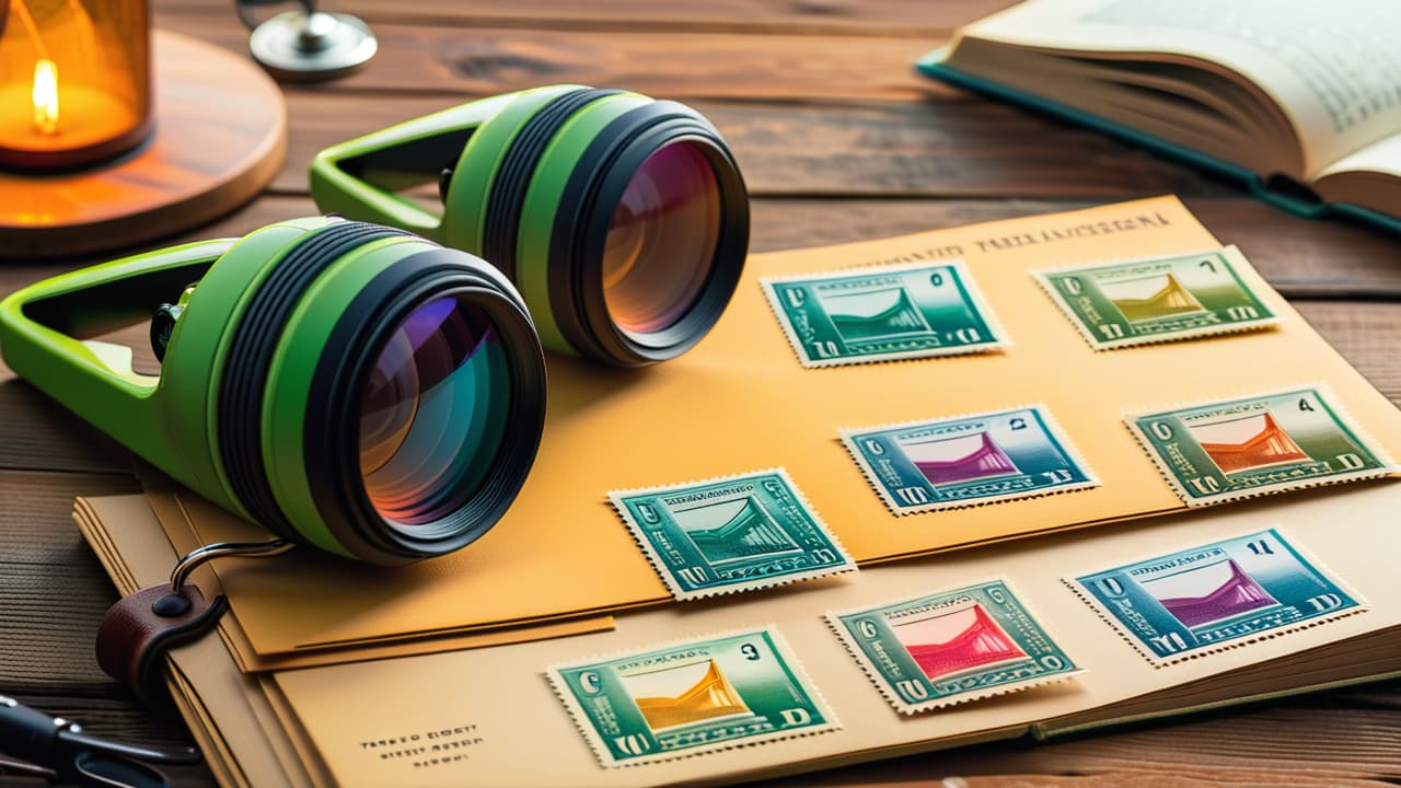  a close up of colorful 1970 stamps displayed in a vintage album, surrounded by magnifying glasses, a pair of tweezers, and a rustic wooden table, capturing the essence of stamp collecting nostalgia. hyperrealistic, full body, detailed clothing, highly detailed, cinematic lighting, stunningly beautiful, intricate, sharp focus, f/1. 8, 85mm, (centered image composition), (professionally color graded), ((bright soft diffused light)), volumetric fog, trending on instagram, trending on tumblr, HDR 4K, 8K