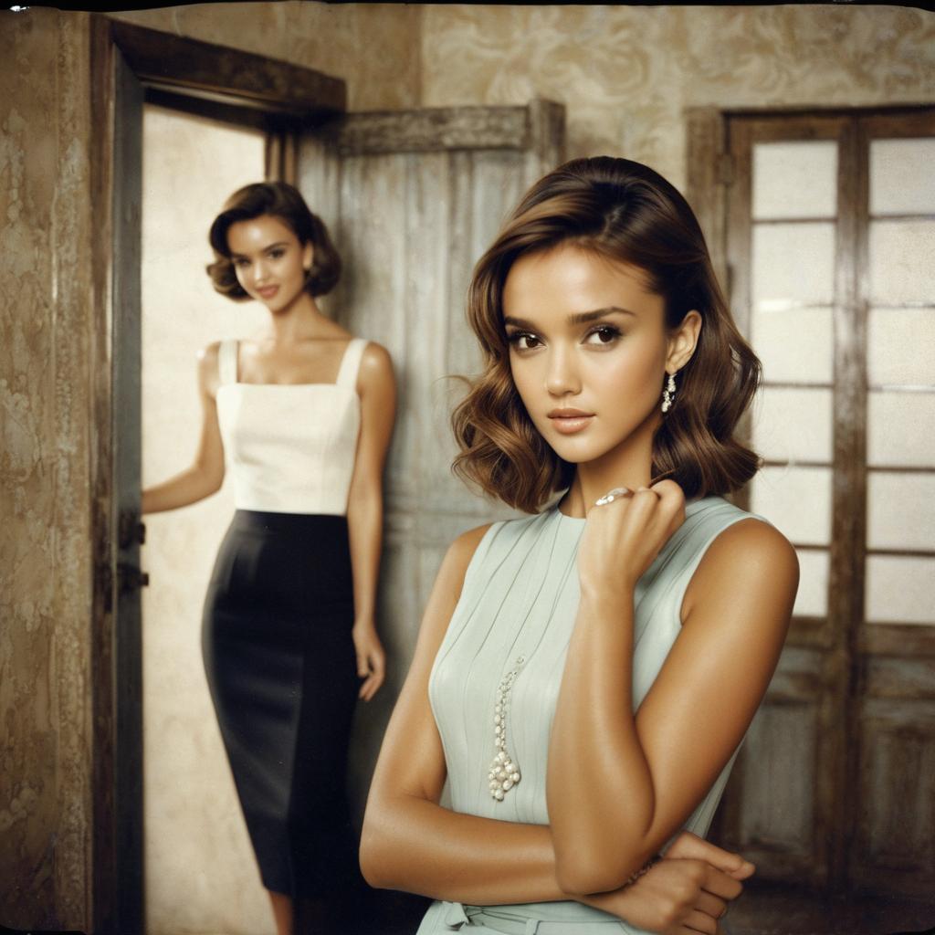  analog film photo sweaty jessica alba and audrey hepburn. posing . full body. steamy room. very detailed.. faded film, desaturated, 35mm photo, grainy, vignette, vintage, kodachrome, lomography, stained, highly detailed, found footage