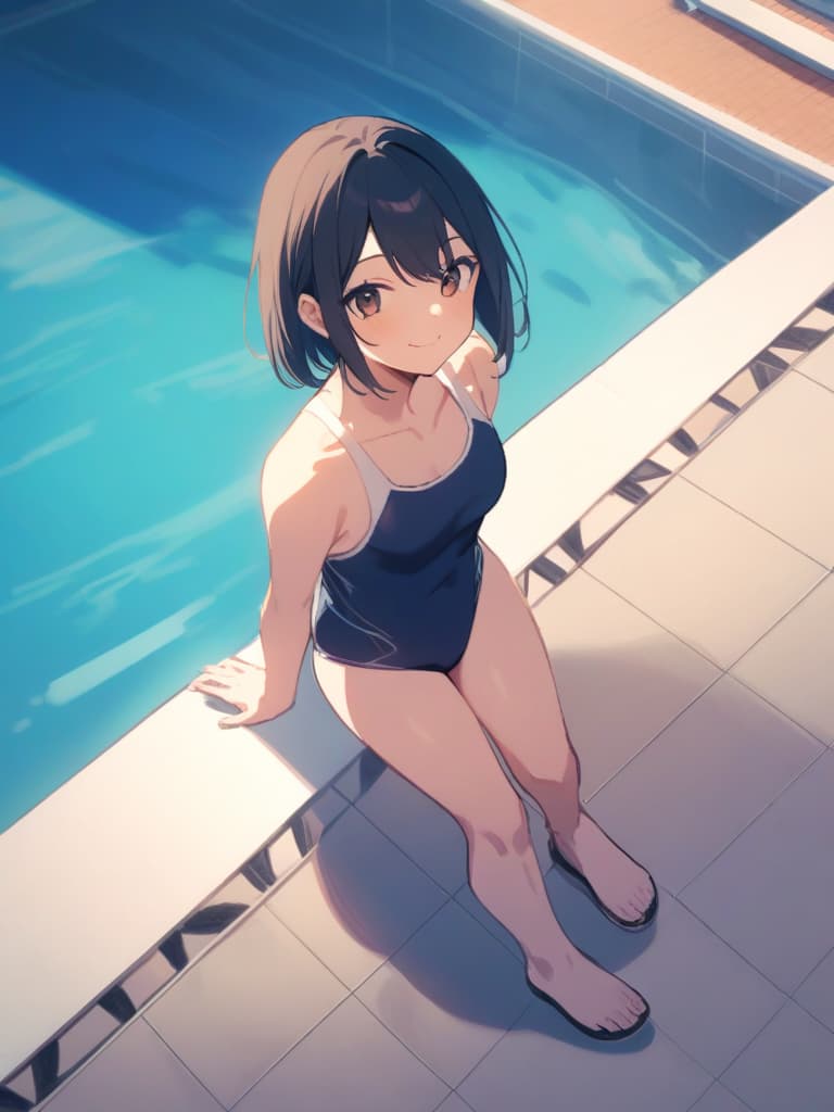  men's junior high , 's body, old (with dark blue old swimwear, ), male (bulging), front, cute smile ( face), bob cut, whole body, pool,