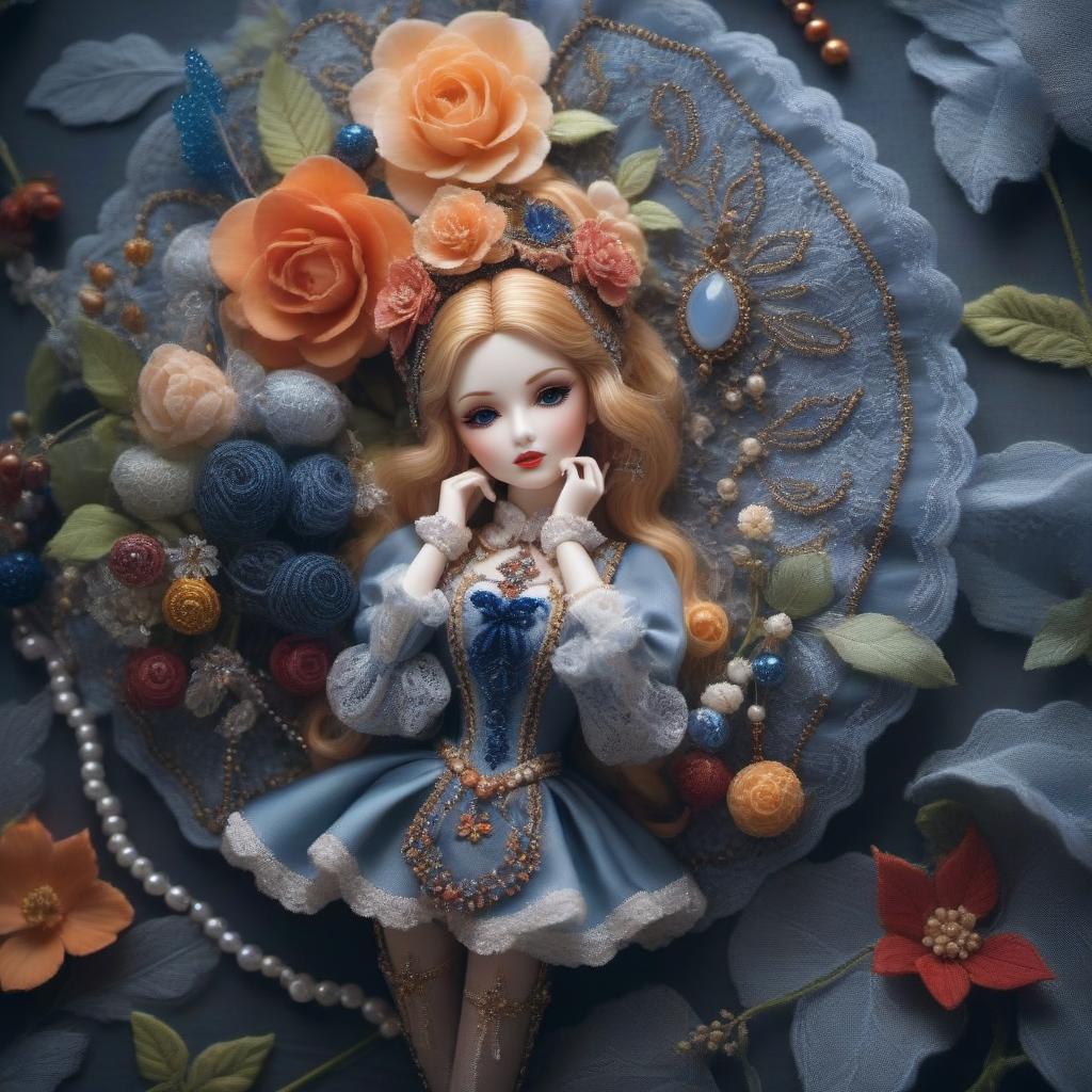  Still life with a beautiful porcelain doll; applique with colored beads. hyperrealistic, full body, detailed clothing, highly detailed, cinematic lighting, stunningly beautiful, intricate, sharp focus, f/1. 8, 85mm, (centered image composition), (professionally color graded), ((bright soft diffused light)), volumetric fog, trending on instagram, trending on tumblr, HDR 4K, 8K