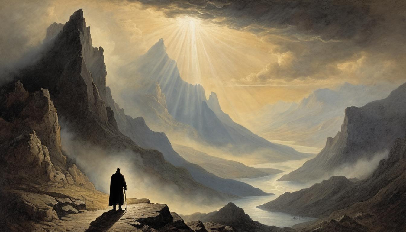  on parchment, surrealism++, rays of light breaking through stormy clouds, illuminating a rugged landscape, majestic mountain peaks, silhouette of a figure in contemplative pose, light splitting the darkness, awe inspiring, revelation, transformative energy(mysterious, provocative, symbolic)++