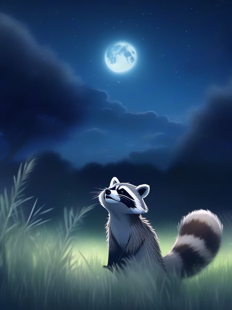  midnight,full moon,field of silver grass🌾 all over,super cute raccoon looking up at the moon:1.2,moon viewing🎑,blur effect,