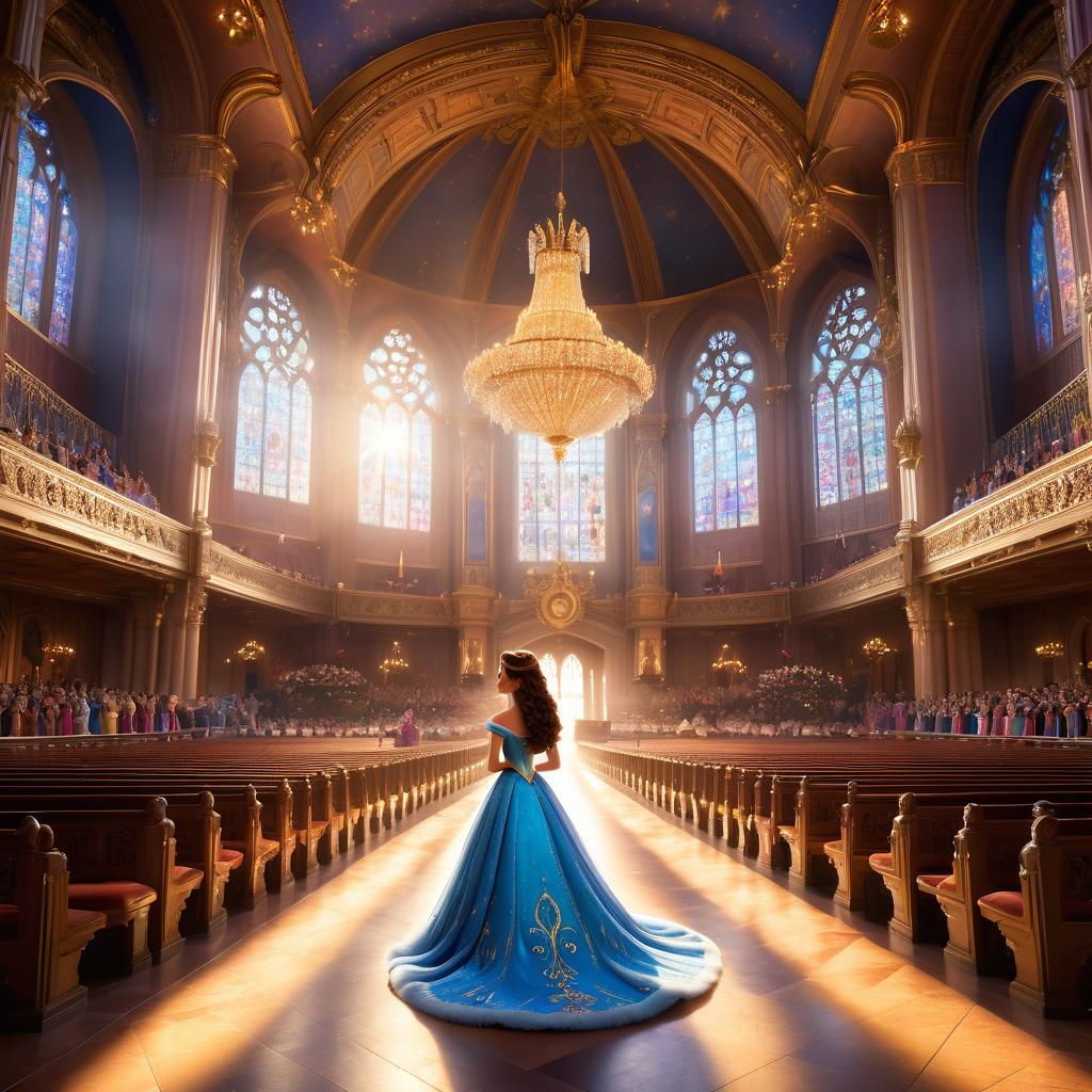  in 3d animated movie style. disney pixar style. laila, a ve and strong 10 old with long brown hair, prepared for her coronation day. the grand hall shimmered in the sunlight, echoing whispers of anticipation. pixar 3d animated film style with detailed rendering. bright, soft lights and a warm feel. focus on laila in the center of the grand hall from a slightly low angle to capture the anticipation and grandeur of the moment. high resolution in 16:9 aspect ratio.