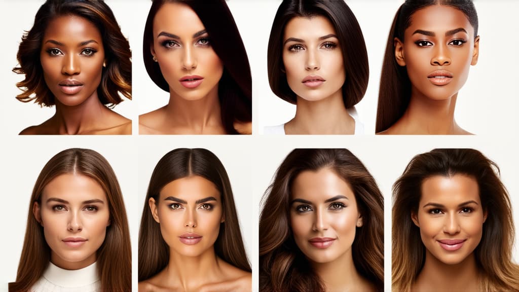  different beauty. set of different female heads on light background. different races and nationalities. ar 16:9, (natural skin texture), highly detailed face, depth of field, hyperrealism, soft light, muted colors