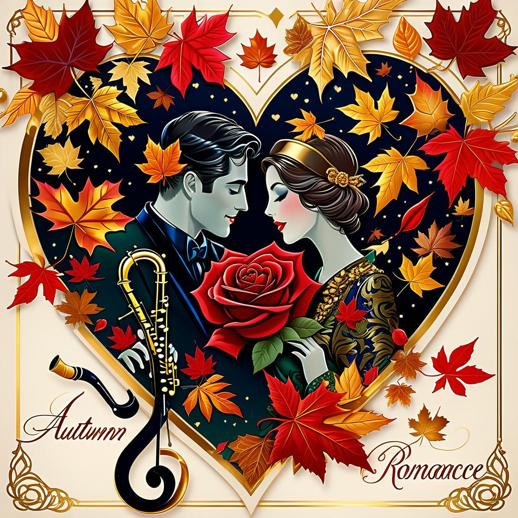  luxury product style (postcard background):falling autumn leaves, red roses, saxophone, satin ribbon, inscription "autumn romance" , retro, vintage, greeting card. autumn in the heart, (beautiful couple):man and woman, two faces in profile, heart scarlet rose (heart), beautiful figure of maple leaves outlines in the shape of a heart. (heart colour):night sky background, gold pattern. (style):fantasy, autumn art, autumn romance. (colours):gold, green gold, navy blue, red, red gold, brown gold, silver, golden blue, bluish blue. . elegant, sophisticated, high end, luxurious, professional, highly detailed