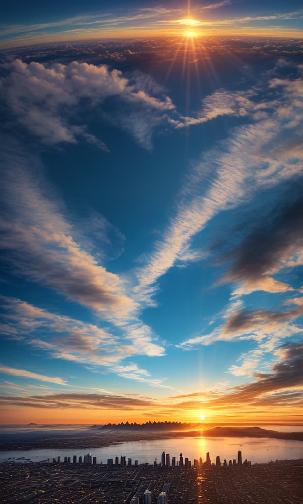  sunrise, sun on far, konohavillage, blue sky, clouds on sky, big sky, winds on clouds , cinematic, 8k, surreal, city, vilage on bottom, high quality, symmetrical balance, cinematic lighting, impressionism, focus point