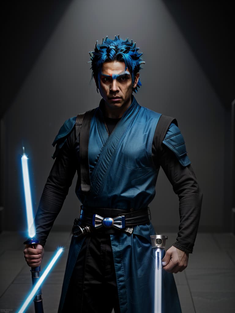  super saiyan, blue hair, jedi, blue lightsaber, jedi clothing, handsome man, violent anger at the emperor, masterpiece, best quality,8k,ultra detailed,high resolution,an extremely delicate and beautiful,hyper detail