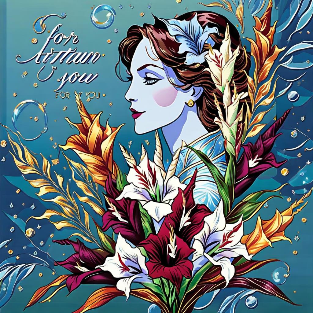  dreamscape (crystal tall glass):champagne with ice cubes and chocolate.(birthday card) card design: blue blue background with (((decorated with fine fractal glitter, bright leaves, ink sketch lines on a blue background, outlines, falling autumn leaves, silver swirls, autumn leaves, ((profile of a woman's face, in the style of autumn art fantasy 1,3)) . (in the centre of the card a bouquet with white gladioluses with the inscription (("for you")).((bouquet of burgundy gladioluses surrounded by multicoloured foliage 1,2)) (colour of the bouquet): burgundy red with orange border. (foliage colour) :golden, silvery white, burgundy, green, golden green, (style):fantasy, design art, greeting cards. (style):fantasy, advertising, art design. . sur