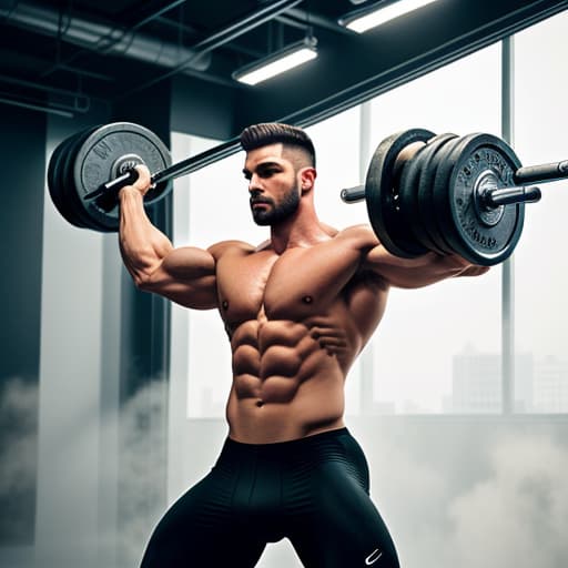  Create an image of a gym man lifting weights and it should look realistic hyperrealistic, full body, detailed clothing, highly detailed, cinematic lighting, stunningly beautiful, intricate, sharp focus, f/1. 8, 85mm, (centered image composition), (professionally color graded), ((bright soft diffused light)), volumetric fog, trending on instagram, trending on tumblr, HDR 4K, 8K