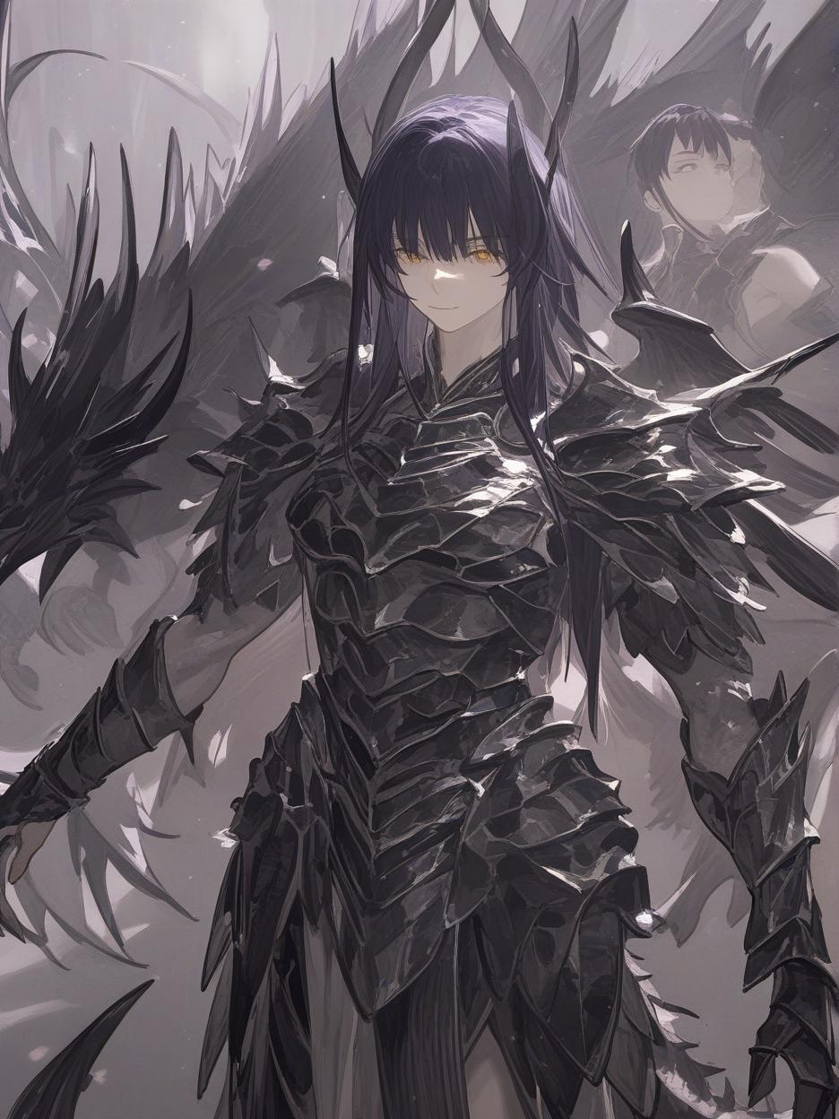  an anime photo of a half human, half dragon warrior, she has very dark purple hair, a pleasant smile, very beautiful golden eyes, a grayer skin, a light black knight armor, broken black wings, and, hands with dragon claws mixed with the armor, a long dragon tail, and other details of her dragon form mixed with her human appearance, she has a more adult and very strong body, with a slender build . best quality, high resolution