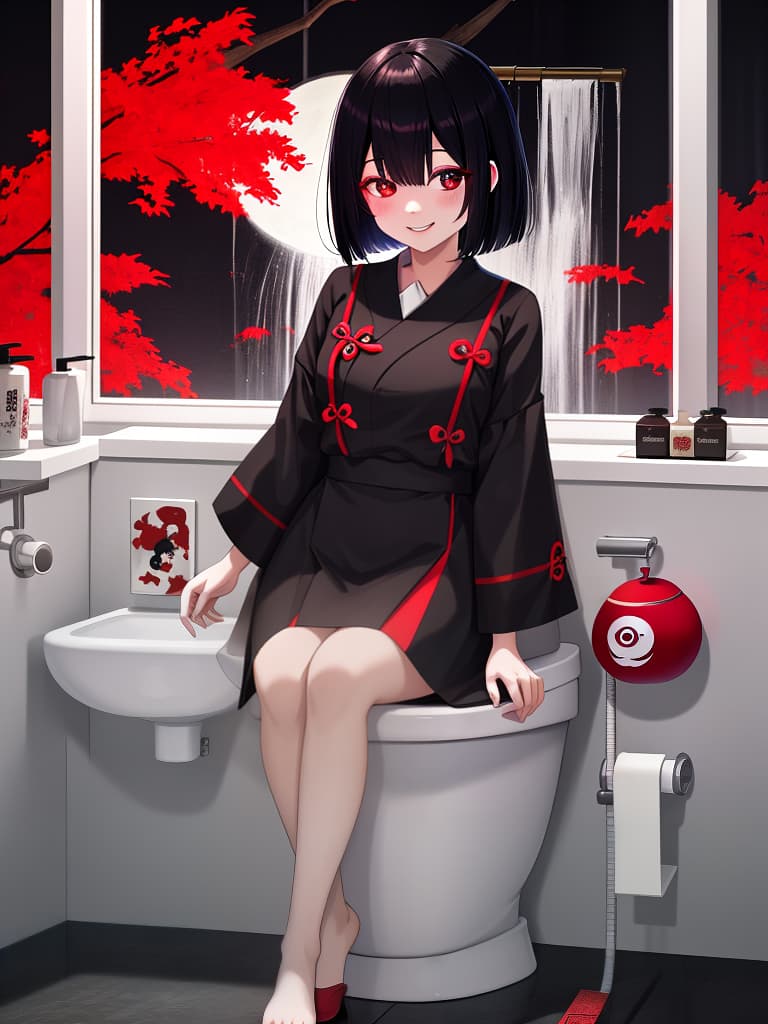  hanako in the toilet, black bob, toilet, dubious atmosphere, youkai, red white shirt, bewitching smile, dark night, masterpiece, best quality,8k,ultra detailed,high resolution,an extremely delicate and beautiful,hyper detail