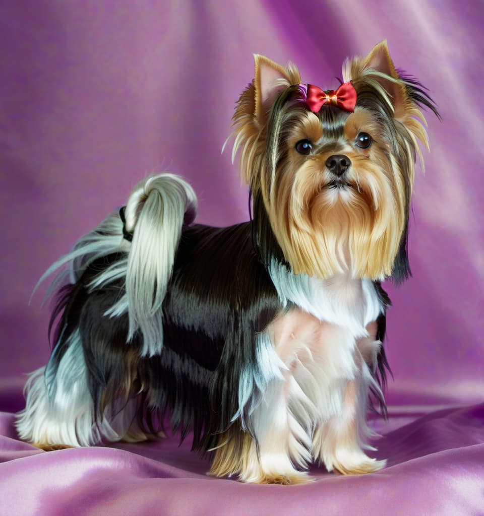  role playing game (rpg) style fantasy yorkshire terrier dog on satin background . detailed, vibrant, immersive, reminiscent of high fantasy rpg games, film photography style