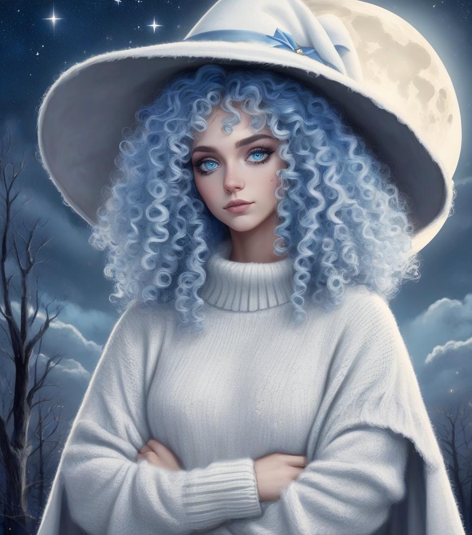  woman with blue curly hair, big white witch hat, white vintage sweater, gray bearskin cape, blue eyes, big full moon in the background, night with stars