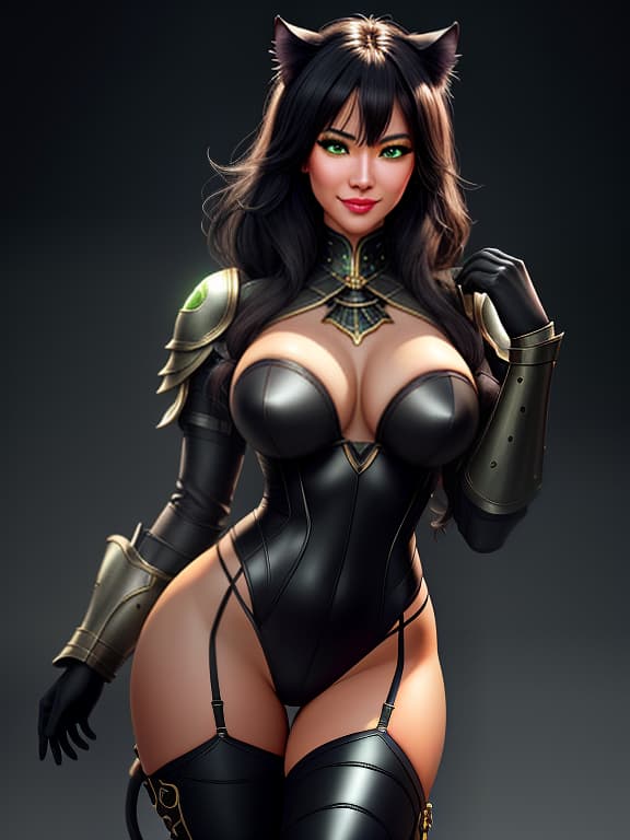  a cute schief woman (semi lived, panther), low growth, wheat, practically black, hair that pops into a tight, fat coin. the skin is marked with a soft, dark, smooth hair. there's a bit of a spit, like a cat, nose. she's wearing a leather armor. strict, bright, express chest. eyes of green colour, cunning, even with notes of disgrace. on your lips, playing smile hyperrealistic, full body, detailed clothing, highly detailed, cinematic lighting, stunningly beautiful, intricate, sharp focus, f/1. 8, 85mm, (centered image composition), (professionally color graded), ((bright soft diffused light)), volumetric fog, trending on instagram, trending on tumblr, HDR 4K, 8K