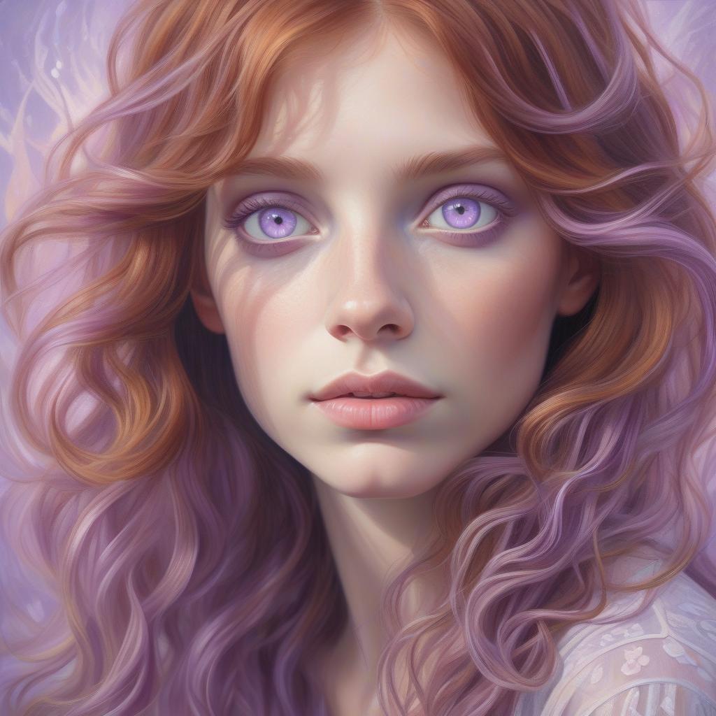  hyperrealistic art wavy auburn haired woman with light purple eyes, oil painting, soft and dreamy, pastel color tones, detailed hair strands, whimsical fantasy, ethereal lighting, high quality . extremely high resolution details, photographic, realism pushed to extreme, fine texture, incredibly lifelike