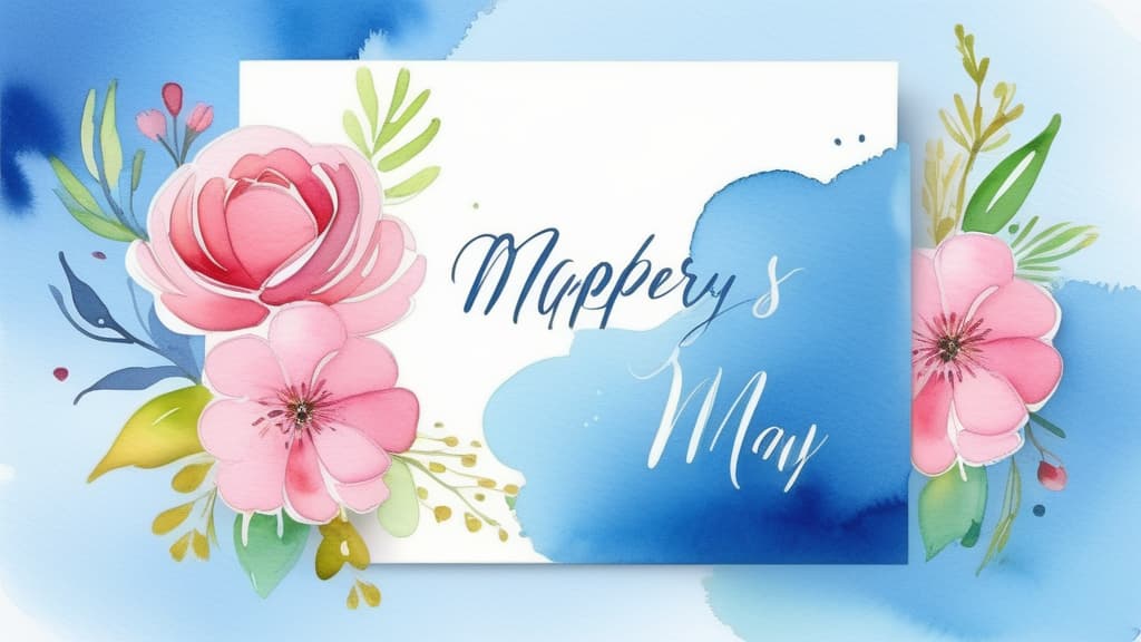 Create artwork Blank greeting card mockup and flowers on blue background. Happy Mother's Day, Birthday, anniversary concept ar 16:9 using watercolor techniques, featuring fluid colors, subtle gradients, transparency associated with watercolor art