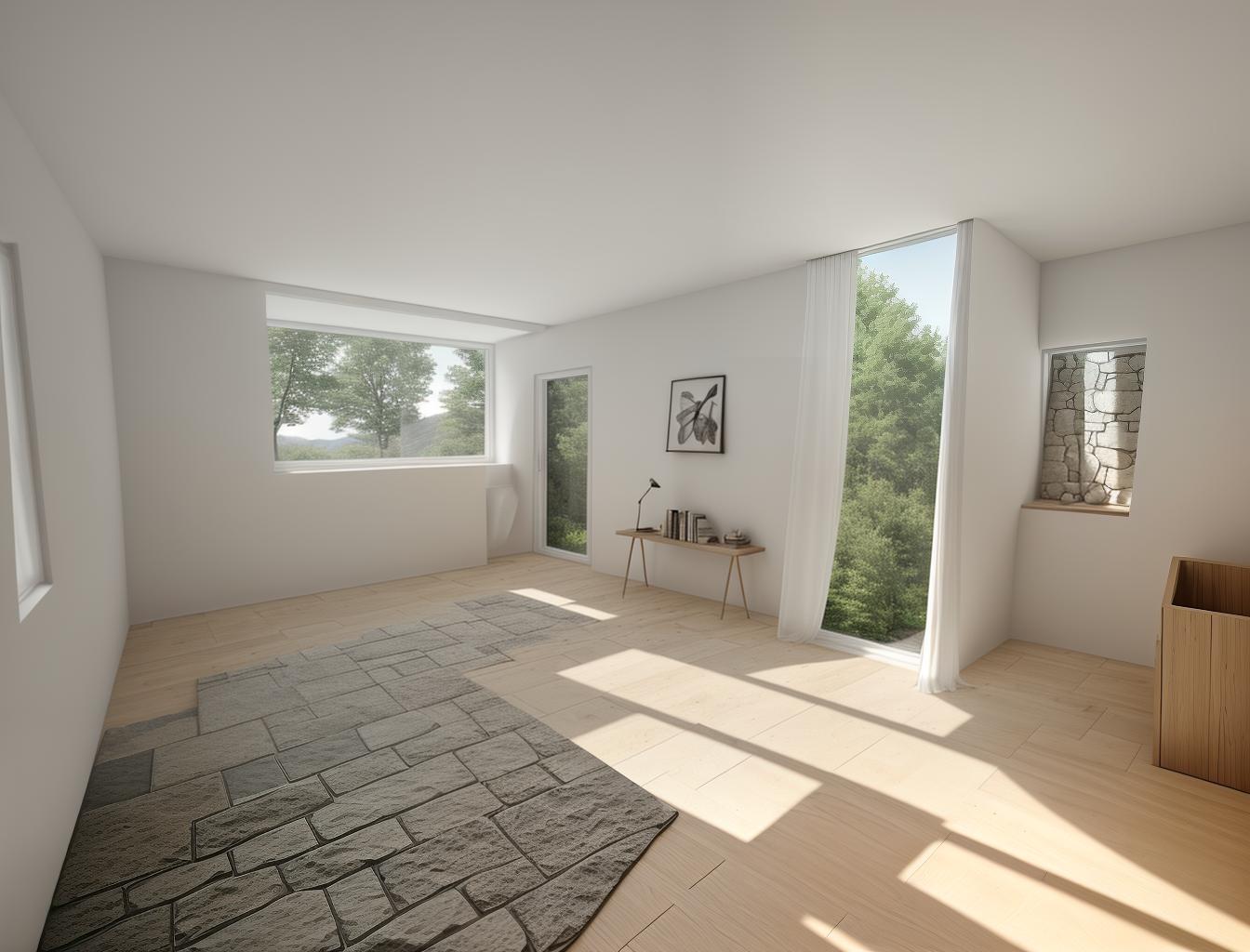  create a photorealistic image of a minimalist room with a stone wall and a large window. the stone wall should add texture and depth to the clean, modern design, while the window brings in natural light, enhancing the room's airy feel.