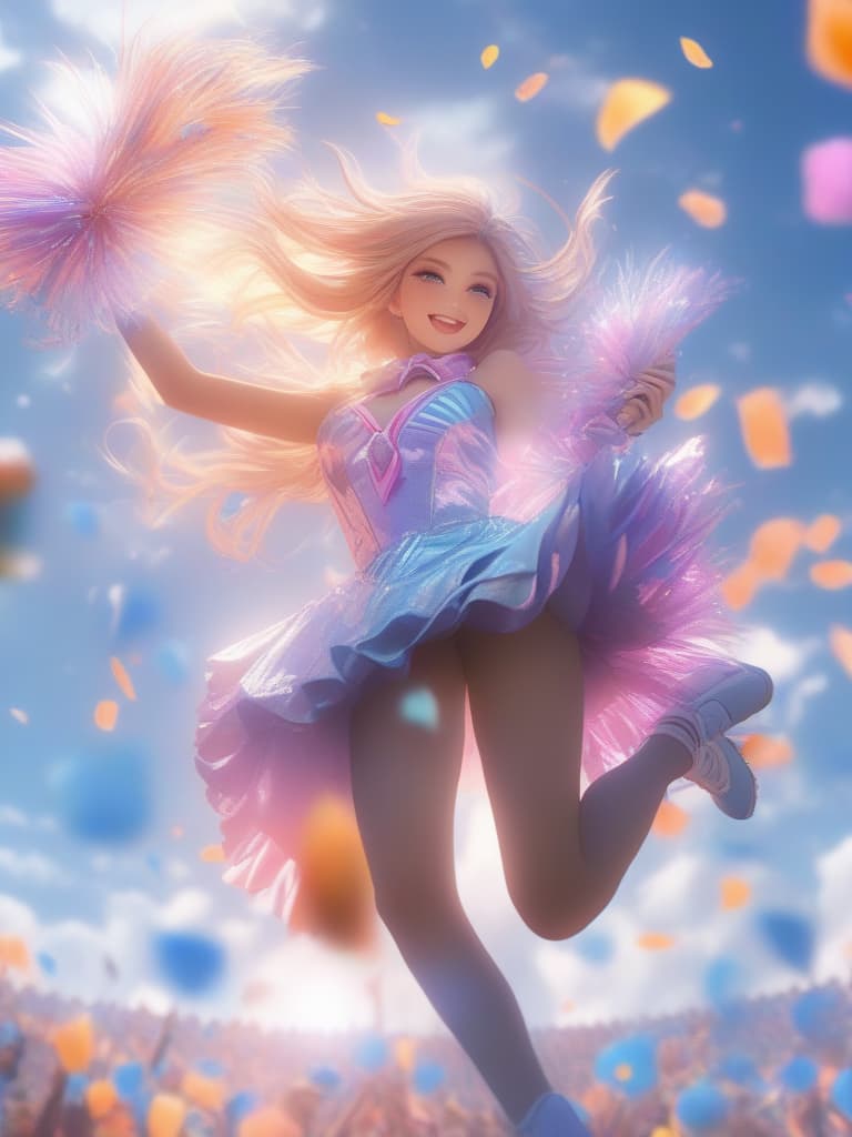  detailed,vivid colors,beautiful blue sky background,(masterpiece,hyper quality 1 5),ultra detailed,highlight eyes,detailed face,looking,scenery,master piece,best quality,ultra detailed,high resolution,8k,cute dollike girls,a sea of clouds illuminated by moonlight,smile,athletic world,magical animals,charming girls,lolita,100 tiered ruffle,pastel color,cheerleader,cheerleader outfit,holding 2 pompons ,raising one arm,falling confetti hyperrealistic, full body, detailed clothing, highly detailed, cinematic lighting, stunningly beautiful, intricate, sharp focus, f/1. 8, 85mm, (centered image composition), (professionally color graded), ((bright soft diffused light)), volumetric fog, trending on instagram, trending on tumblr, HDR 4K, 8K