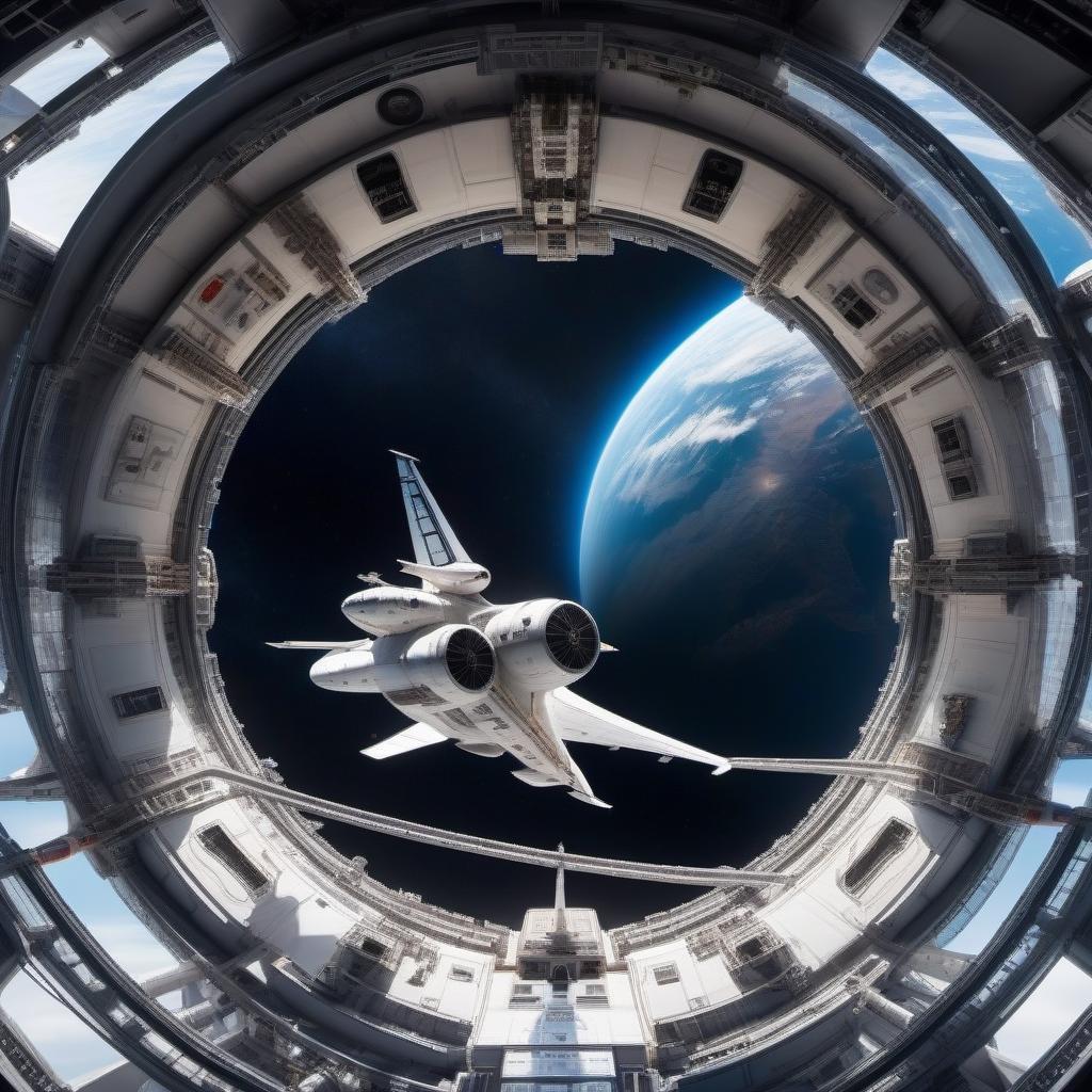  A fantastic spaceship in Earth orbit, three compartments, a large observation window, a commander's bridge