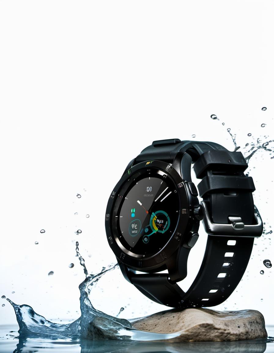  smart watch on a stone on a white background, around a splash of water, film photography style