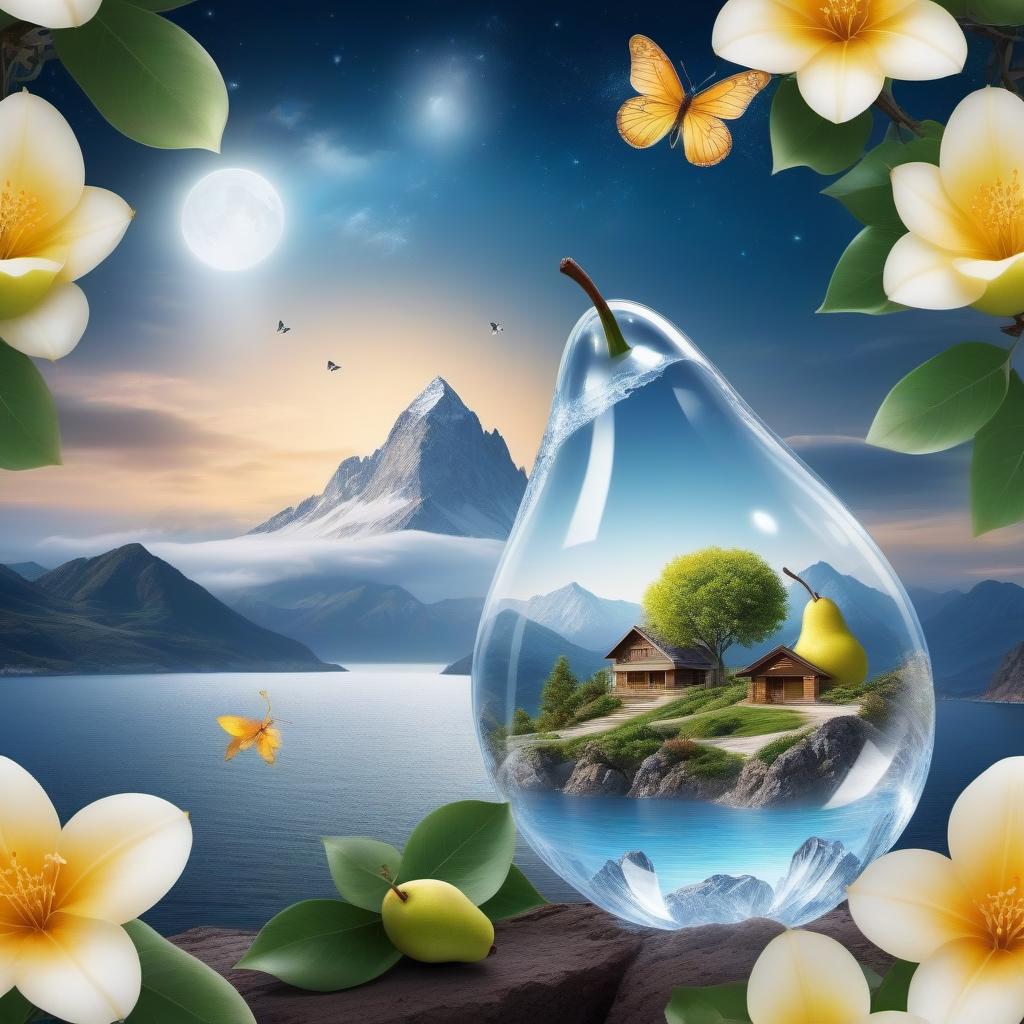  Crystal transparent pear , clear contours of a pear , glowing beautiful flowers inside a pear , pollination on flowers , bright night , sea , yacht , mountains , butterflies , moon , light shining fog , distant future 20000 , very high detail , 30000K quality