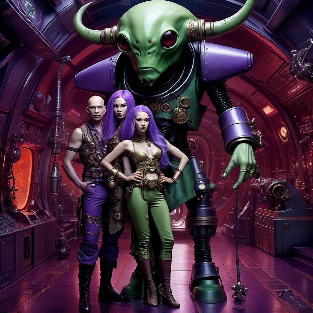  nautical themed a group of space pirates, a young alien of thai appearance, 20 year, purple skin, large size elastic , elegant thin waist, long slender legs, green hair. man, 40 year, small, fat, bald, black. next to the droid and minotaur. full length image, steampunk, dieselpunk, paropunk, standing in a space tavern, against a background of red light. . sea, ocean, ships, maritime, beach, marine life, highly detailed