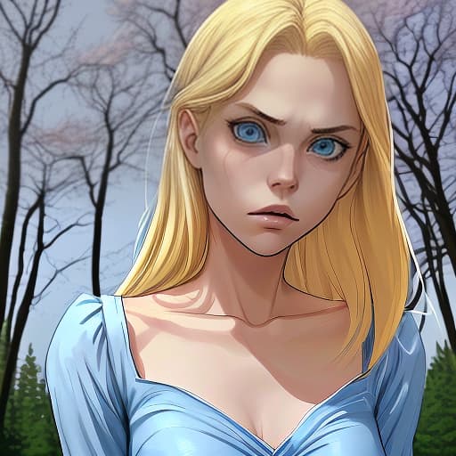  appearance: girl with blue eyes, blonde hair long. he looks at the camera with frightened eyes. in the frame, the character is in full growth. you can see trees in the background