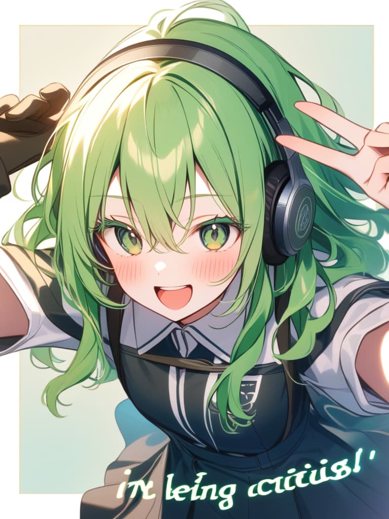  hagakure tohru bangs black clothes black blue clothing collared shirt dress shirt gloves hair between eyes long sleeves mini pleated uniform shirt shirt tucked in short sleeves rolled up sleeves uniform white shirt blush s age eyelashes woman (((with open arms:1.3))) (((i'm feeling excited))) (((headphones:1.3))) green eyes green hair big s medium length hair messy hair short hair teeth upper teeth upper teeth only smirk open mouth open mouth smile one arm outstretched smiling v sign looking at camera one woman alone english language english text text colored eyelashes curly hair ai created