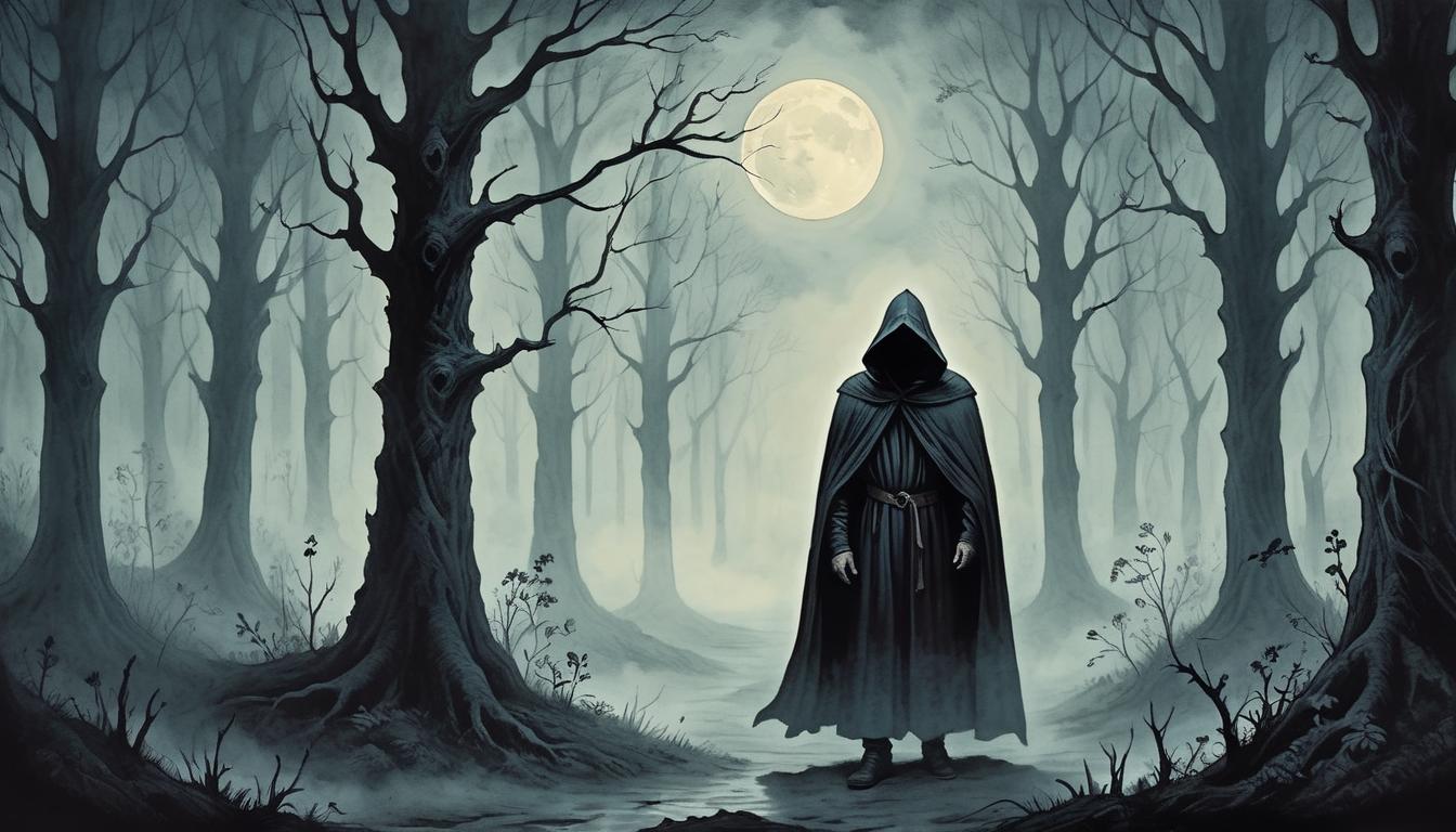  on parchment, surrealism+++, a cloaked figure in a moonlit forest, struggling through dense fog, forlorn expression, shadows casting long, sorrowful silhouettes, hopeless, introspective(mysterious, provocative, symbolic,muted color)+++