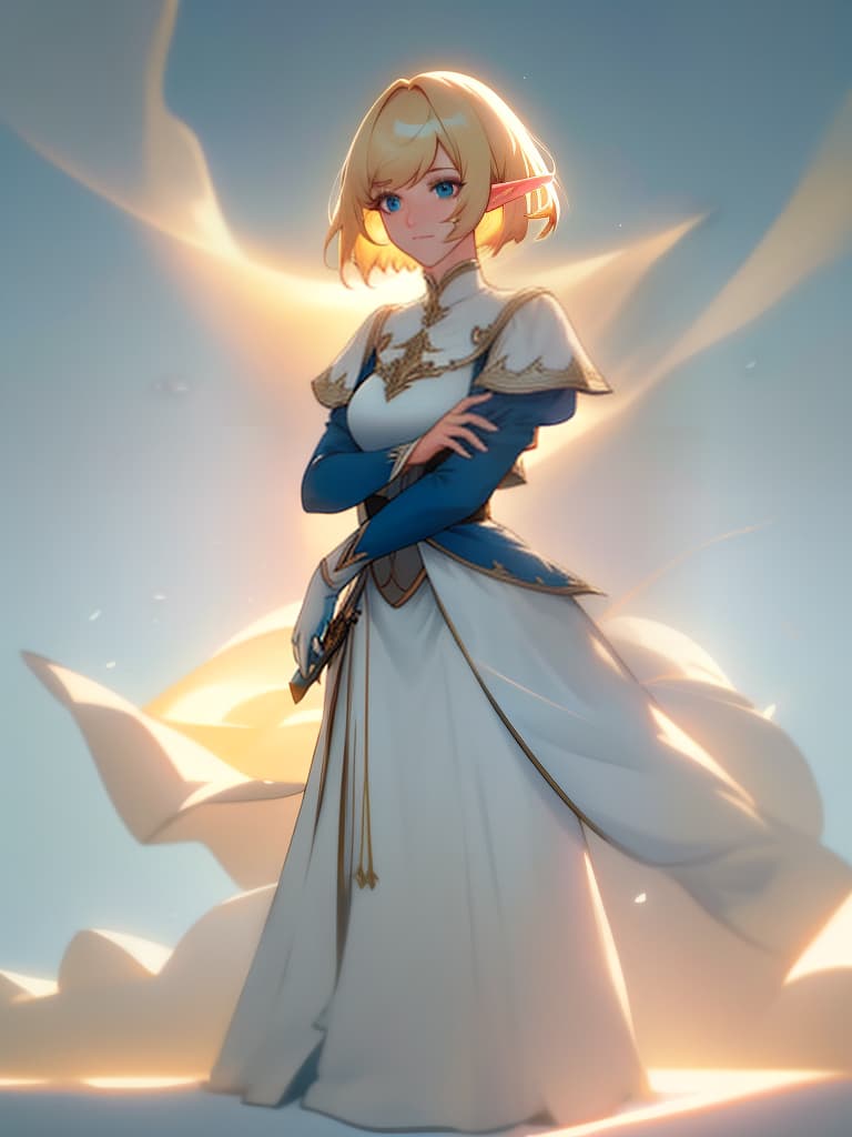  elf, blonde, short haired face like a , long bangs and bangs to the right, clothes are blue and white jersey clothes, masterpiece, best quality,8k,ultra detailed,high resolution,an extremely delicate and beautiful,hyper detail hyperrealistic, full body, detailed clothing, highly detailed, cinematic lighting, stunningly beautiful, intricate, sharp focus, f/1. 8, 85mm, (centered image composition), (professionally color graded), ((bright soft diffused light)), volumetric fog, trending on instagram, trending on tumblr, HDR 4K, 8K