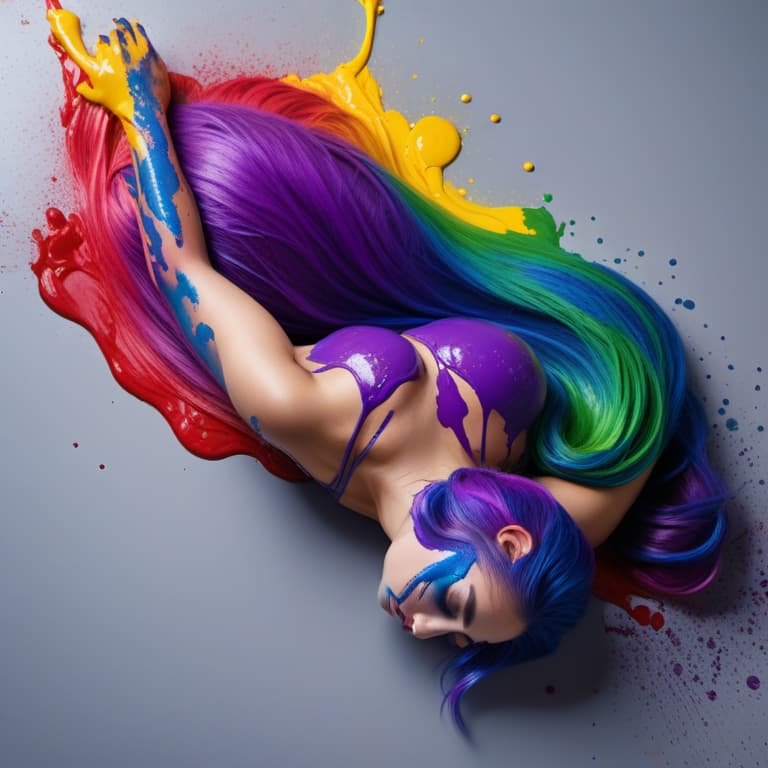  photo of a beautiful goth girl with thick flowing (liquid paint rainbow hair:1.1) laying on her back made of paint and defies gravity, from above, highly detailed, intricate, amazing, trending, paint splatter, paint drops <lora:sdxlpaintsplash:0.7> colorsplash 8k, high quality, photo hyperrealistic, full body, detailed clothing, highly detailed, cinematic lighting, stunningly beautiful, intricate, sharp focus, f/1. 8, 85mm, (centered image composition), (professionally color graded), ((bright soft diffused light)), volumetric fog, trending on instagram, trending on tumblr, HDR 4K, 8K