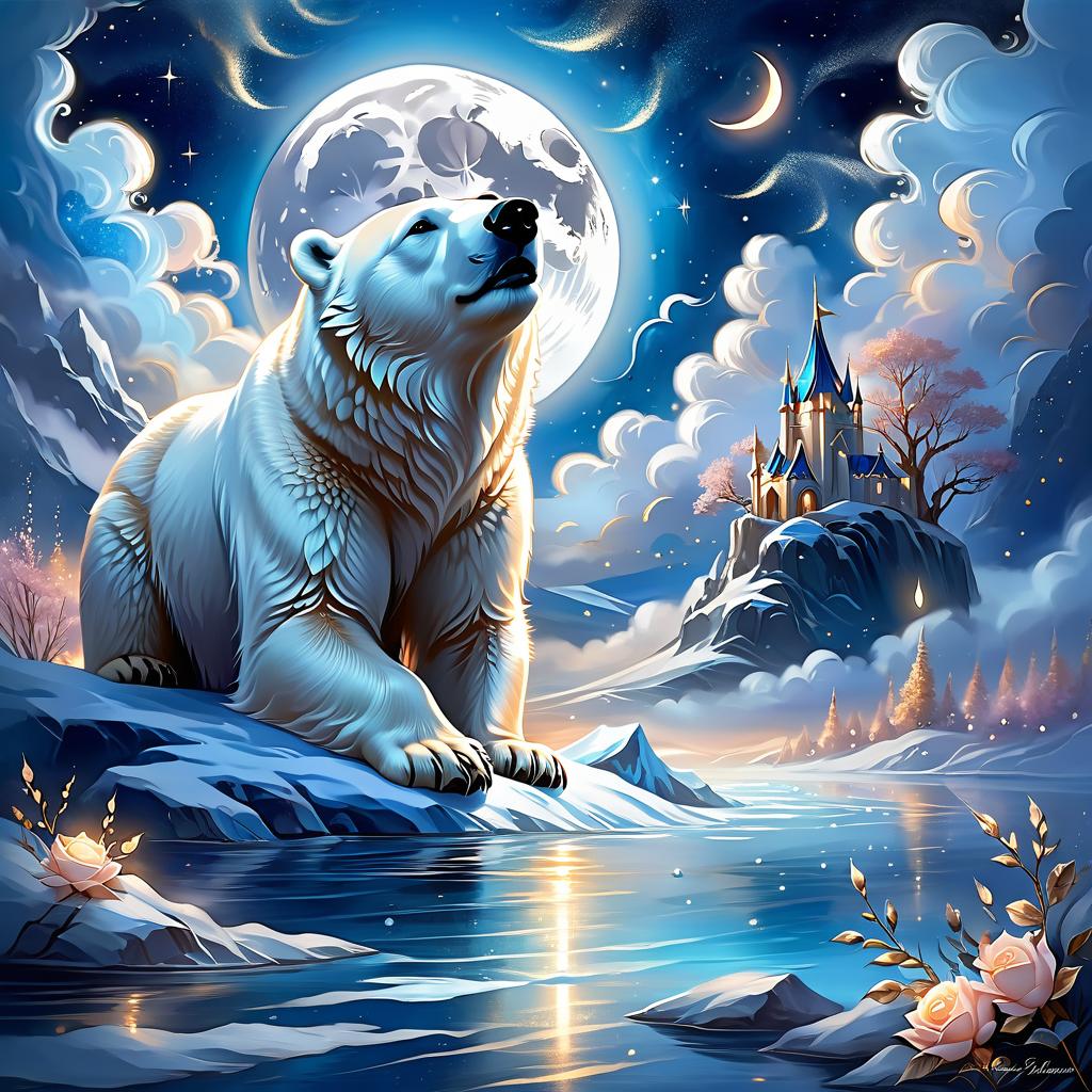  ethereal fantasy concept art of your neighbours are asleep the polar bears, sleep fast, too, little one. the clouds are breaking and the moon like a fish # and the moon like a fish and above it, glittering, like a pack of ice (style):fantasy, fairy tale, dream, magic, clouds, softness, polar lights, (colours):white, soft blue, dark blue, golden, rose gold, bluish silver. . magnificent, celestial, ethereal, painterly, epic, majestic, magical, fantasy art, cover art, dreamy