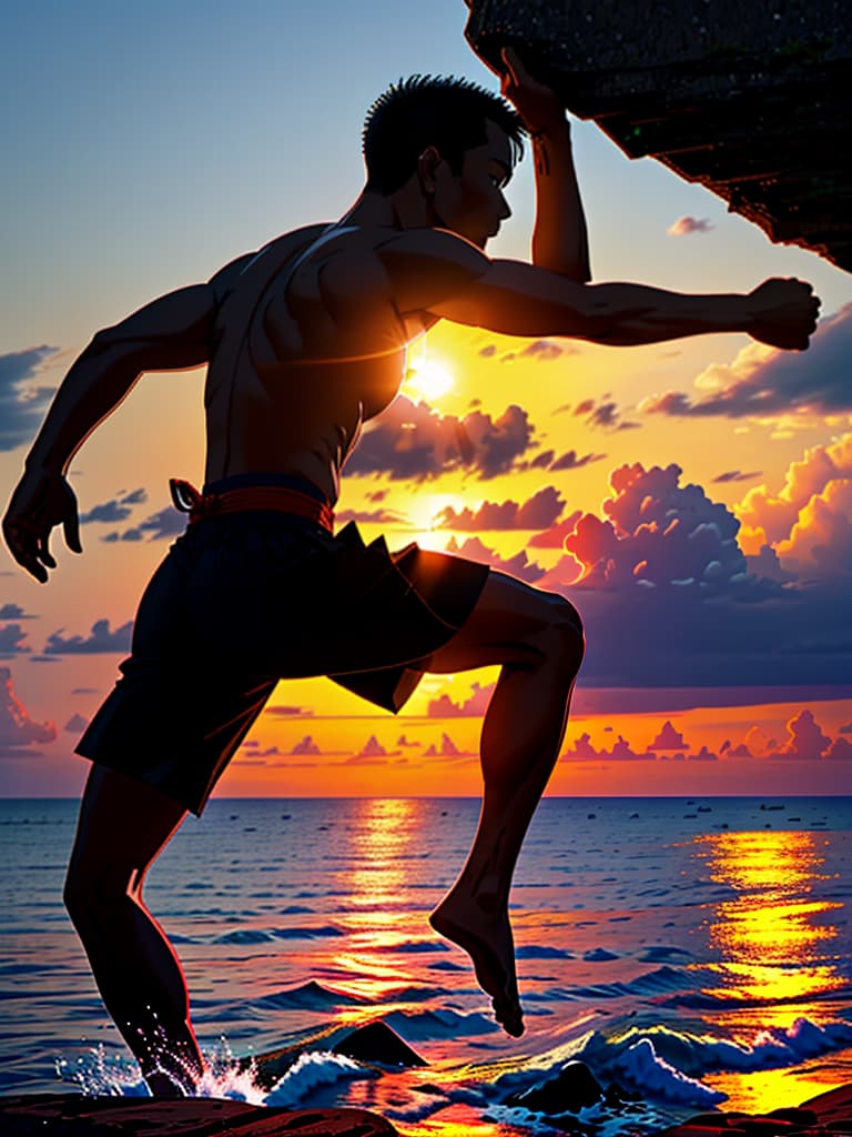  Close up of the silhouette of a man doing Thai Chi on a cliff overlooking the ocean with a sunrise in the background. RAW, realistic