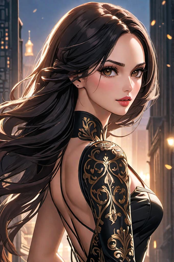  eiza gonzález mit dunkelbraunen haaren fast schwarz, schimmern im licht rötlich,ein schwarzes kleid, enganliegend, tiefgrüne augen mit goldenen sprenkeln, ganzkörper hyperrealistic, full body, detailed clothing, highly detailed, cinematic lighting, stunningly beautiful, intricate, sharp focus, f/1. 8, 85mm, (centered image composition), (professionally color graded), ((bright soft diffused light)), volumetric fog, trending on instagram, trending on tumblr, HDR 4K, 8K